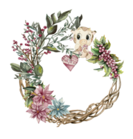 Winter wreath with watercolor dry branches, holly and red berries. png