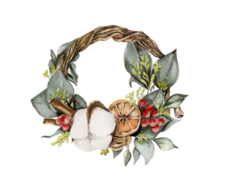 Christmas wreath with fir branches and red flowers. png