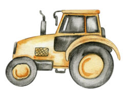 Yellow tractor. Watercolor hand drawn illustration. png