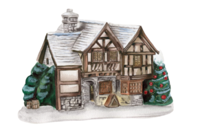 Watercolor winter house with a snow covered roof. Hand drawn illustration of a winter cottage png