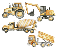 Yellow concrete mixer, tractor, truck and excavator. png