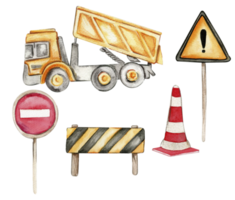 Road signs and yellow truck . Watercolor hand drawn illustration. Perfect for kid posters or stickers. png