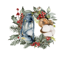 Christmas wreath with fir branches and red flowers. png