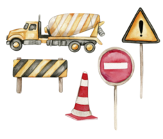 Road signs and yellow concrete mixer. Watercolor hand drawn illustration. png