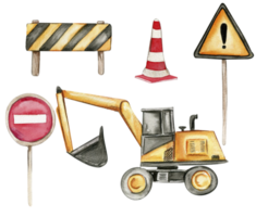 Road signs and yellow excavator. Watercolor hand drawn illustration. png