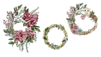 Winter wreath with watercolor dry branches, holly and red berries. png