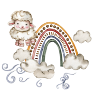 Fluffy sheep sitting on the rainbow png
