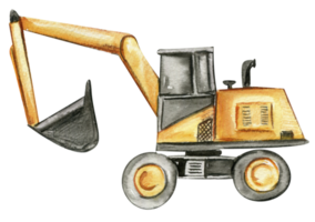 Yellow excavator. Watercolor hand drawn illustration. png