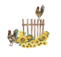 Watercolor wooden fence and rooster composition. png