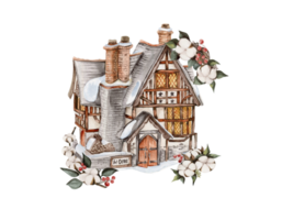 Watercolor winter house with a snow covered roof and cotton branches. png