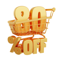 80 percent off. Number 80 inside the shopping cart. Image with discount concept. 3d rendering png