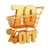 70 percent off. Number 70 inside the shopping cart. Image with discount concept. 3d rendering png