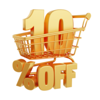 10 percent off. Number 10 inside the shopping cart. Image with discount concept. 3d rendering png