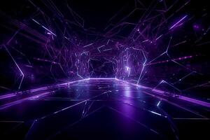 Abstract simulation scence neon light. Technology networking cyberspace 3D perspective room. VR reality tunnel illustration by photo