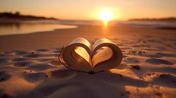 corazón forma papel libro en el playa puesta de sol. generativo ai foto