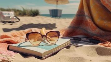 mujer piernas acostado en toalla relajante en verano vacaciones, cerca playa bolso con un libro y Gafas de sol en antecedentes de recurso playa. generativo ai foto