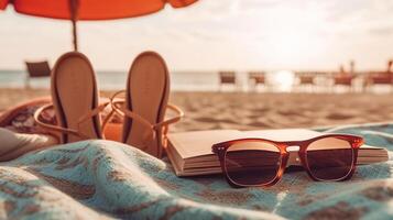 Woman legs lying on towel relaxing on summer holidays, near beach bag with a book and sunglasses on background of resort beach. photo