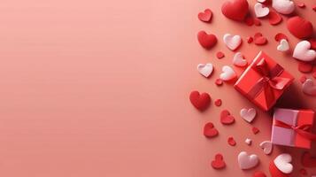 Valentine's Day red background with red hearts and pink hearts paper with gift box top view lay flat. photo