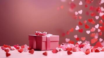 Valentine's Day pink background with red hearts and pink hearts paper with gift box. photo