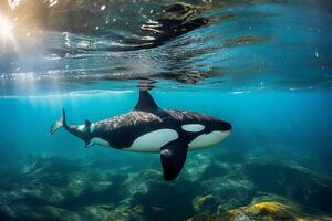 Hyper realistic under water photograph of an orca. AI generative photo