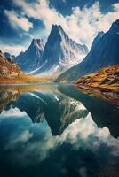 A calm lake surrounded by towering mountains. photo