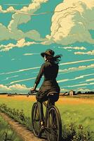 Irish girl riding a bicycle in the Irish countryside. AI generative photo