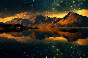 dorado fantasía estrellado cielo a noche, imponente montañas, claro espumoso lago superficie. ai generativo foto