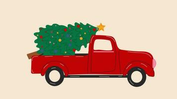 Merry Christmas and Happy New Year Postcard or Poster or Flyer template with pickup truck with christmas tree. Vintage styled. Video flat cartoon animation design element. 4K video footage, alpha chan