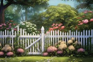 A garden backdrop with white fence. photo
