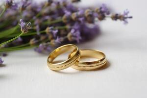 pequeño lavanda flores y dos Boda anillos ai generativo foto