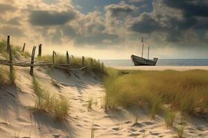 A photograph of a deserted beach with an old broken fence running along the dunes in the foreground and clusters of sea oats. AI generative photo