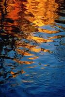 An orange and blue reflection in the water, in the style of light gold and indigo. photo