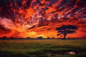 Vibrant colors of the African sunset. AI generative photo