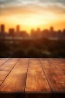 Empty wooden table top with blurred background. AI generative photo