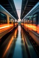 Mesmerizing Train Photography, Motion blur, reflection, speed, cinematic. AI generative photo