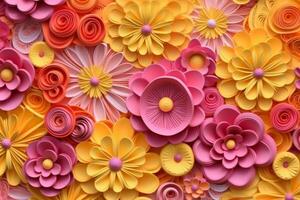 3D yellow and pink flowers layered forms, paper quilting pattern, vibrant colors. photo
