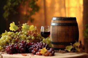 A barrel of wine sits on a table with a bunch of grapes in the background, copyspace, photo