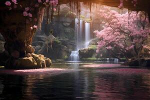 Waterfalls are falling in, sunbeams are touching the water and crystals and reflect the light, moss plants and gorgeous flora. photo