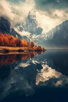 A calm lake surrounded by towering mountains. photo