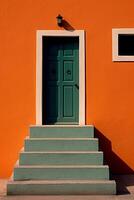 An orange wall with a door and steps, in the style of light emerald and indigo. AI generative photo