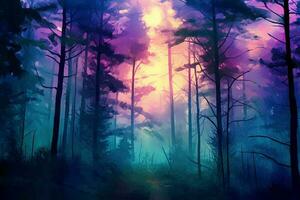 Abstract gradient art style, a mysterious forest at twilight with a mystical mood. AI generative photo