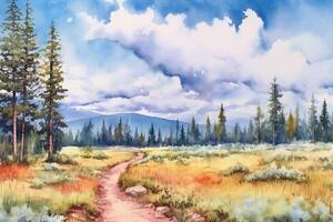 A watercolor landscape painting, blue sky, clouds, light and airy, wilderness. photo