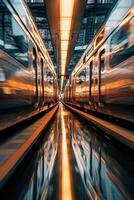 Mesmerizing Train Photography, Motion blur, reflection, speed, cinematic. AI generative photo