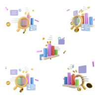 3d renderen gedetailleerd studie van de histogram met een vergroten glas icoon set. 3d geven bar tabel met confetti en kennisgeving verschillend standen icoon set. png