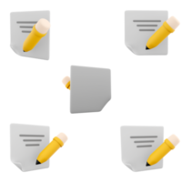 3d rendering document with pencil icon set. 3d render notepad, notebook with notes and yellow pencil different positions icon set. png