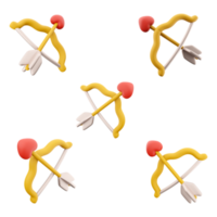 3d rendering cupid bow icon set. A bow with an arrow. 3d render love, fall in love and valentine day concept different positions icon set. png