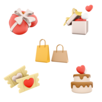 3d rendering gift box with hearts, shopping bags, love tickets, cake with heart on top icon set. 3d render Valentine's Day Concept icon set. png