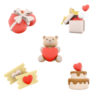 3d rendering gift box with hearts, teddy, toy bear, love tickets, cake with heart on top icon set. 3d render Valentine's Day Concept icon set. png