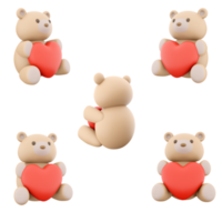 3d representación juguete oso con un corazón en su manos icono colocar. 3d hacer osito de peluche oso con un en forma de corazon globo diferente posiciones icono colocar. png