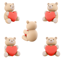 3d rendering toy bear with a heart in his hands icon set. 3d render teddy bear with a heart-shaped balloon different positions icon set. png